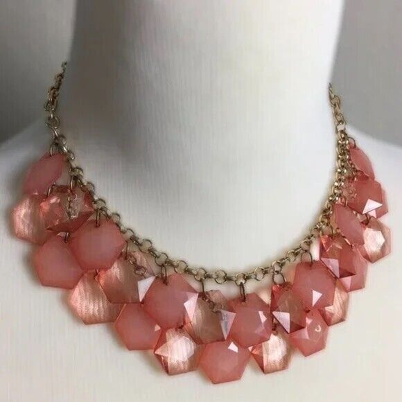 Peachy Pink Statement Necklace 19in Two Row Opaque Translucent Acrylic Beads - Picture 1 of 11